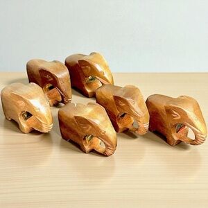 Vintage Set Of 5 Wood Napkin Holders Rings Hand Carved Elephant 3.5” X2.5”